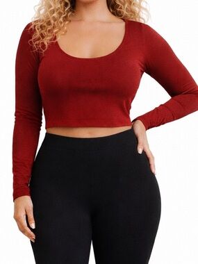 Naked Wardrobe Red Fitted Crop Top Long Sleeve Scoop Neck Crimson Red M